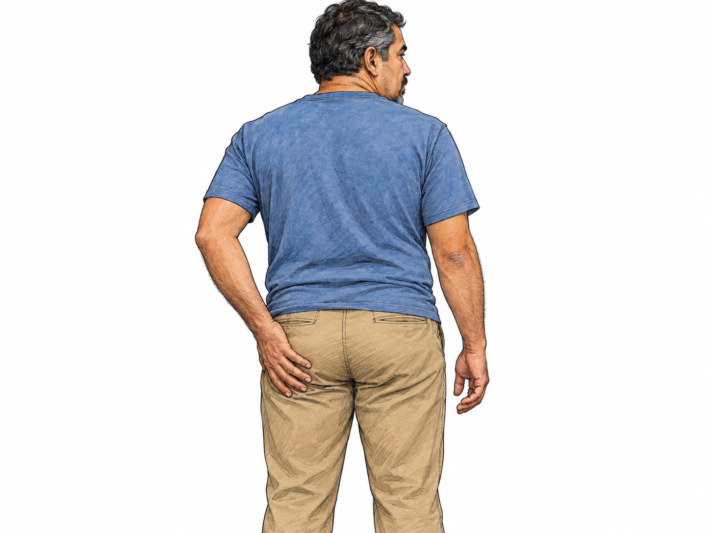 A neutral rear three-quarter view of a clothed adult man, with one open hand resting on his buttock to identify the body part.