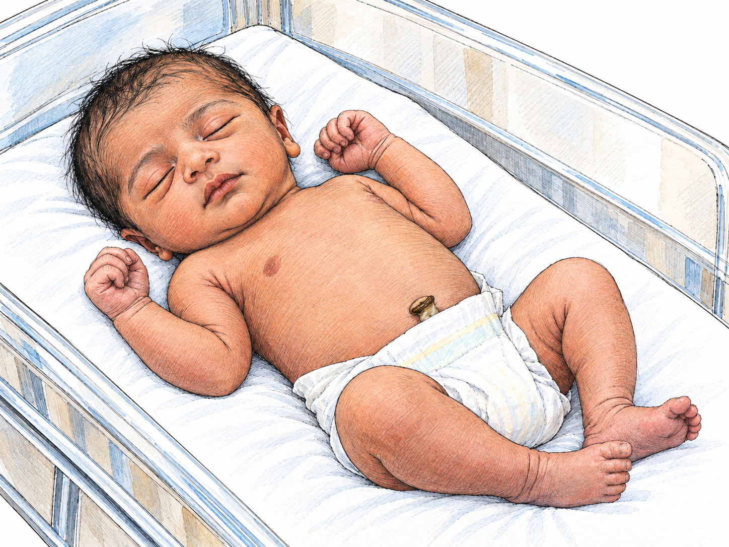 A days-old newborn resting safely on its back in a clear hospital bassinet, with tiny curled limbs and a small dry umbilical stump visibly distinguishing a neonate from an older infant.