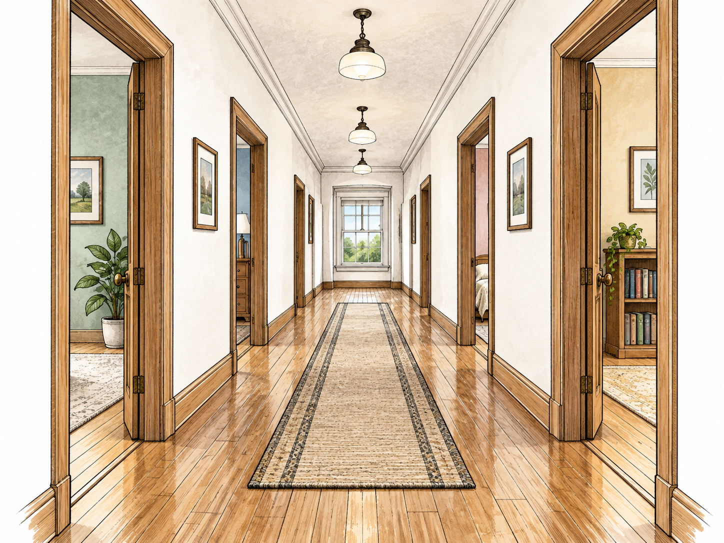 A long interior passage connects several open room doorways, shown in clear perspective with restrained architectural ink and white margins.