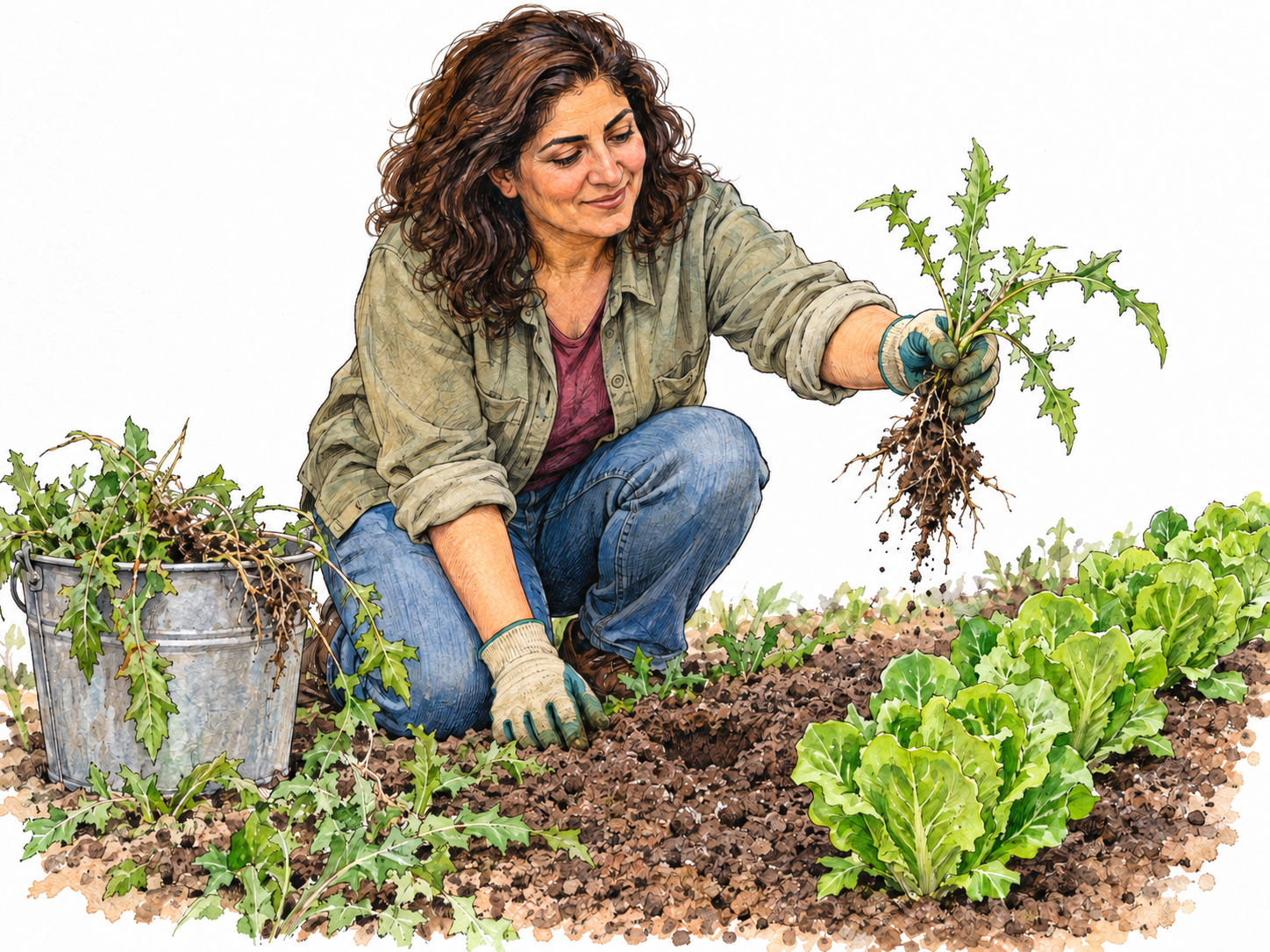 A gardener rids a small vegetable bed of invasive weeds, pulling out the last large weed with its roots intact beside a bucket of already removed weeds.
