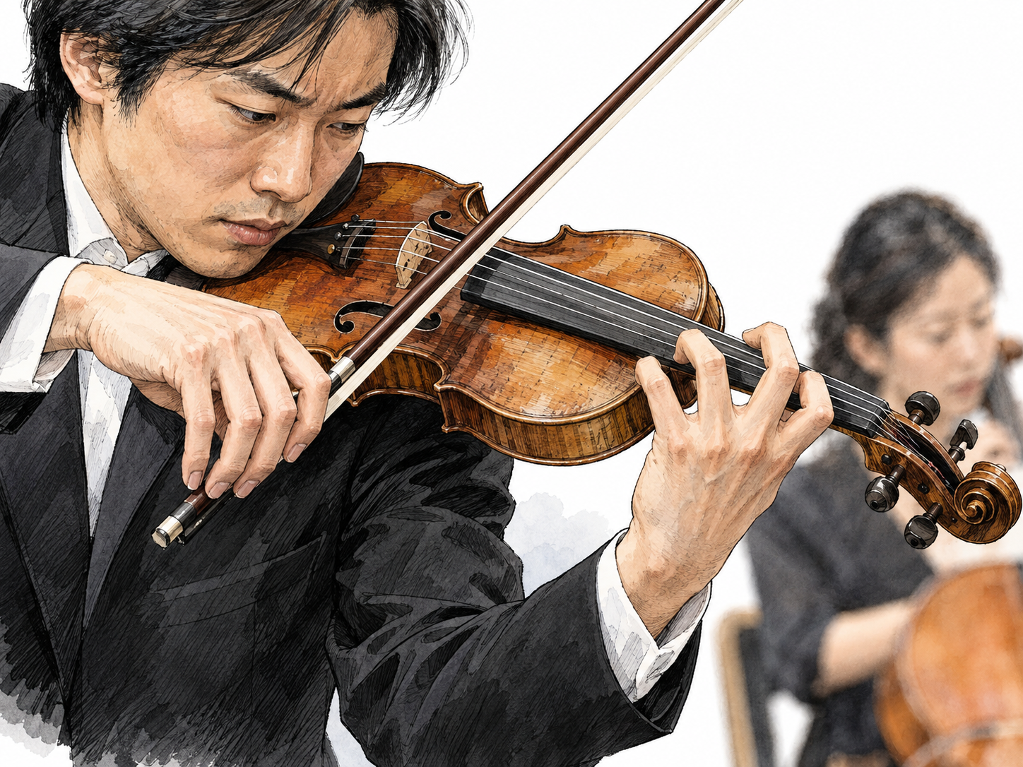 A close view of an adult East Asian violinist's hands executing a difficult passage confidently, left fingers precisely placed along the fingerboard and right hand bowing naturally; the focused musician and instrument demonstrate exceptional technical skill, no sheet music.