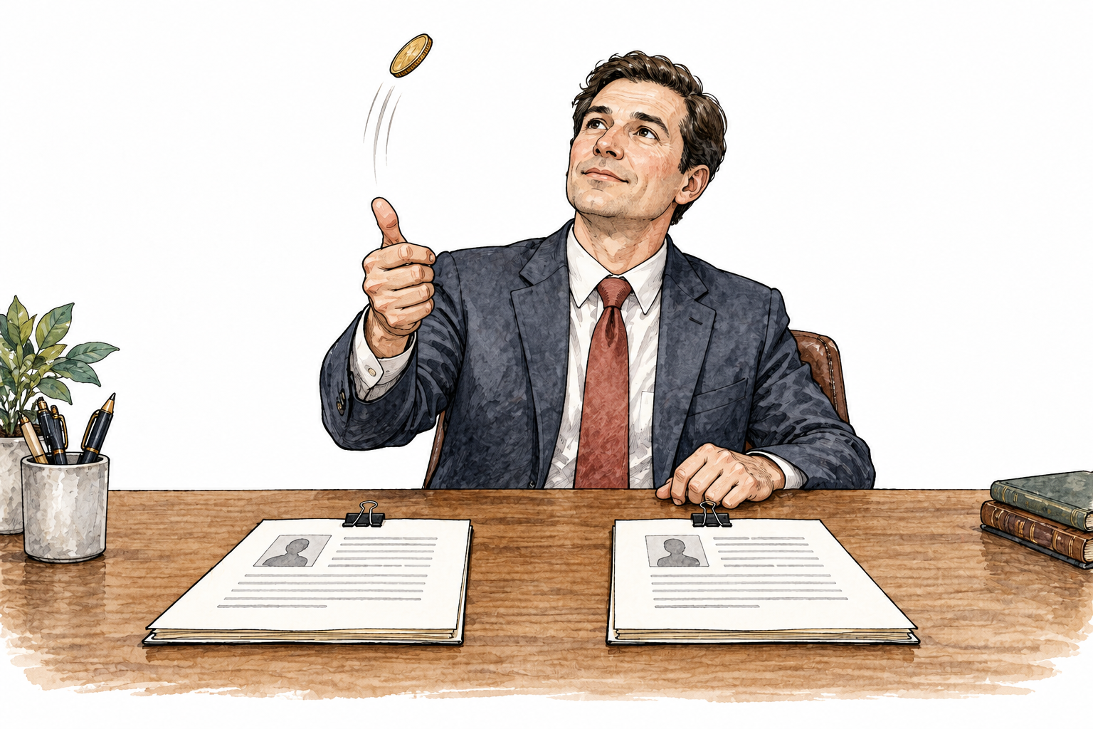 Two identical applications on a desk; decision-maker arbitrarily chooses one by coin toss, no merit difference.