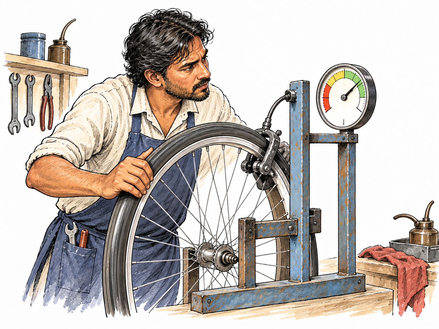 A South Asian adult mechanic runs a bicycle wheel through a simple brake-testing stand, watches a dial with colored zones but no writing, visibly measuring whether the brake works.