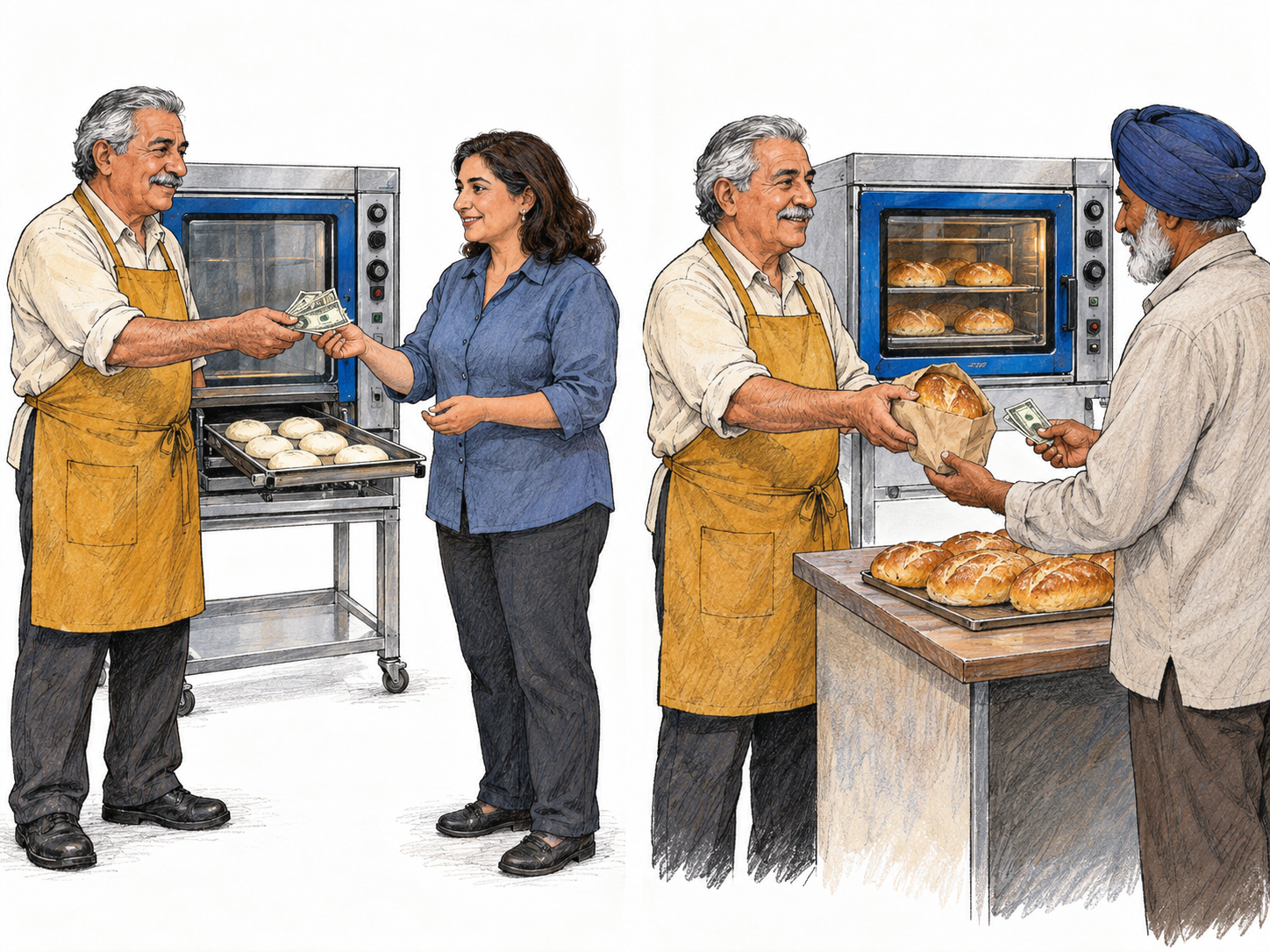 A compact two-stage bakery sequence shows money committed to a productive oven, followed by that same oven producing bread for paying customers.