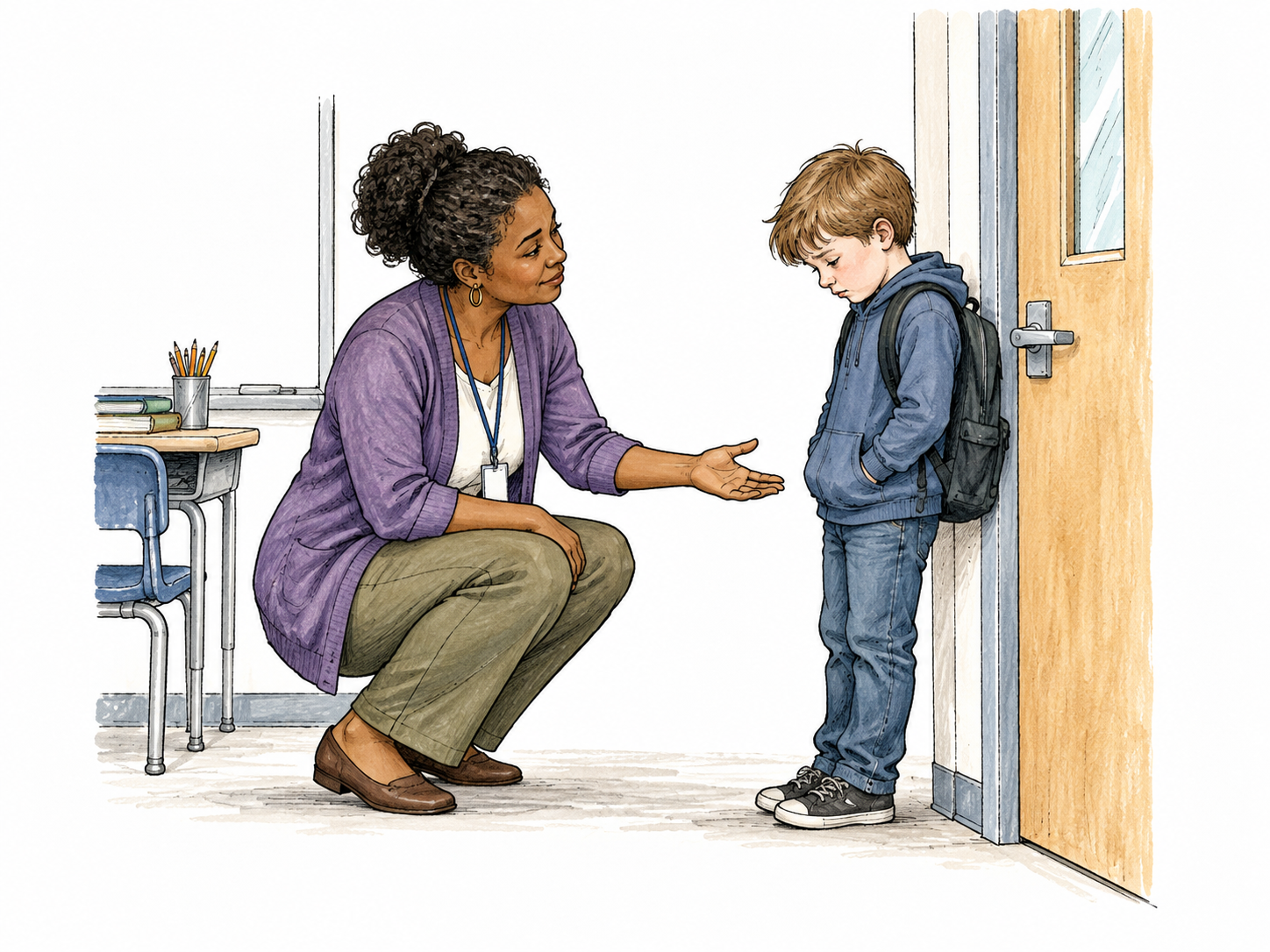 An adult teacher immediately senses that a quiet child beside the classroom doorway is upset and gently offers a hand, before any explanation.