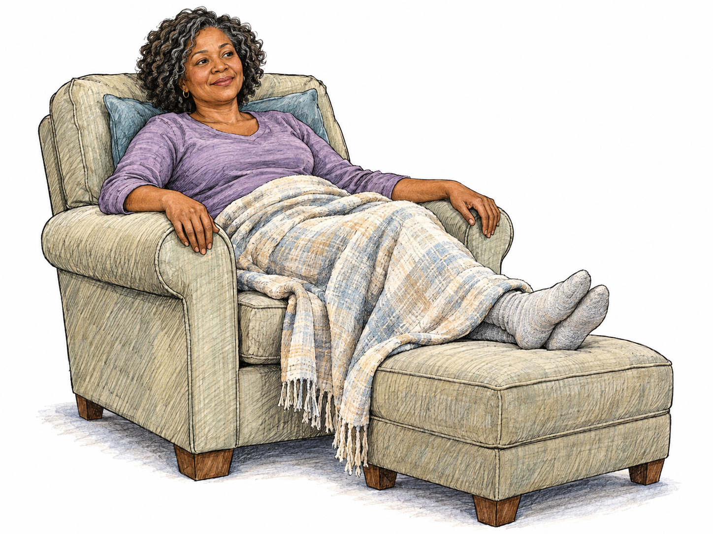 Physical comfort shown by a woman resting contentedly in a softly cushioned armchair, with her feet supported on a padded footstool and a light blanket over her legs.