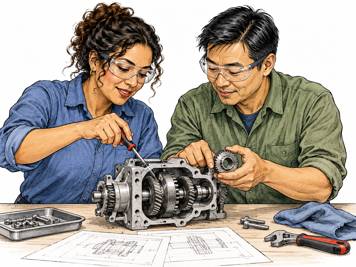 Two contemporary engineers work together over an open mechanical assembly, sharing tools and responsibility.