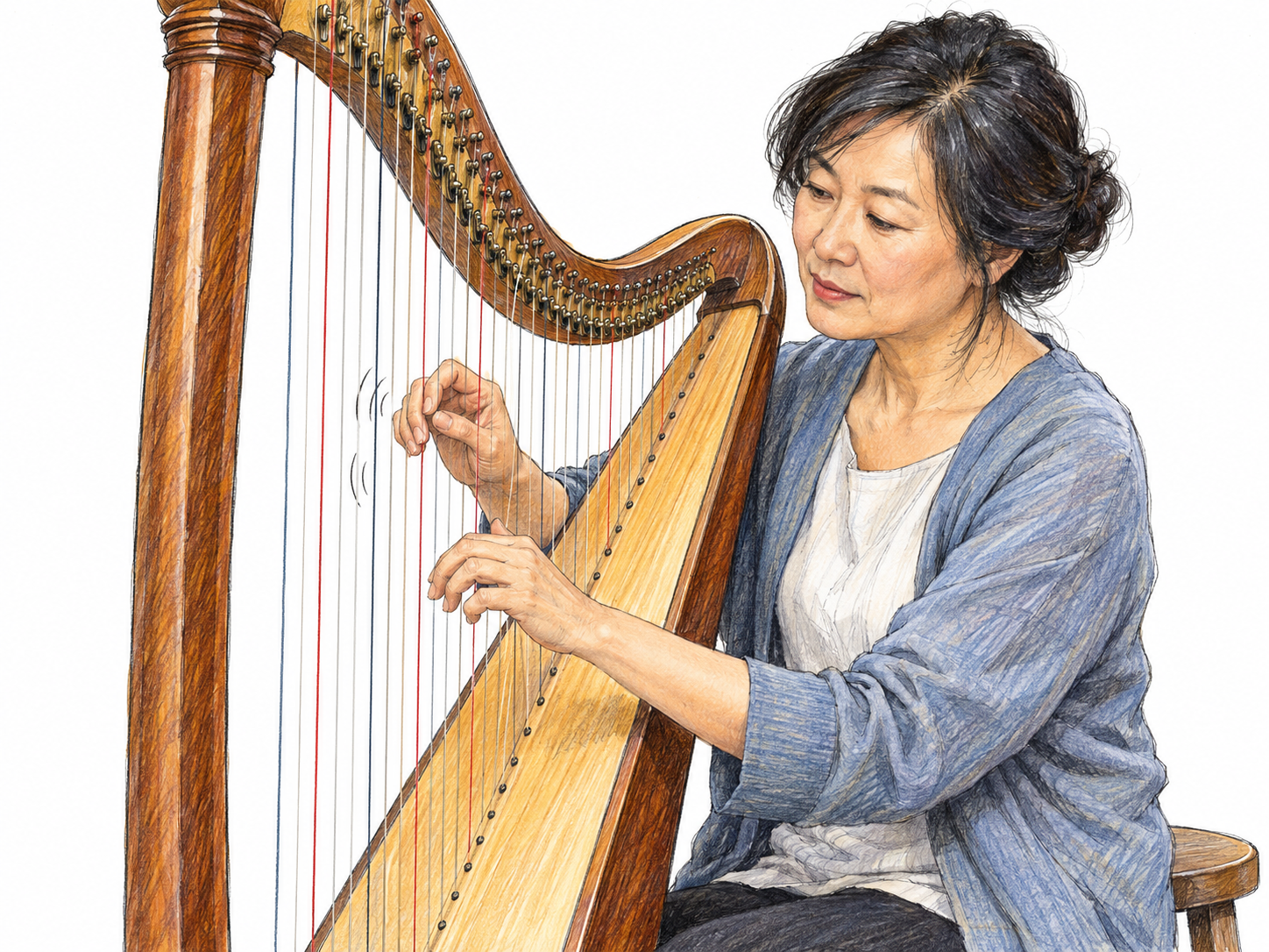 A modern harpist plays a rising arpeggio, plucking individual strings in succession rather than sounding them together.