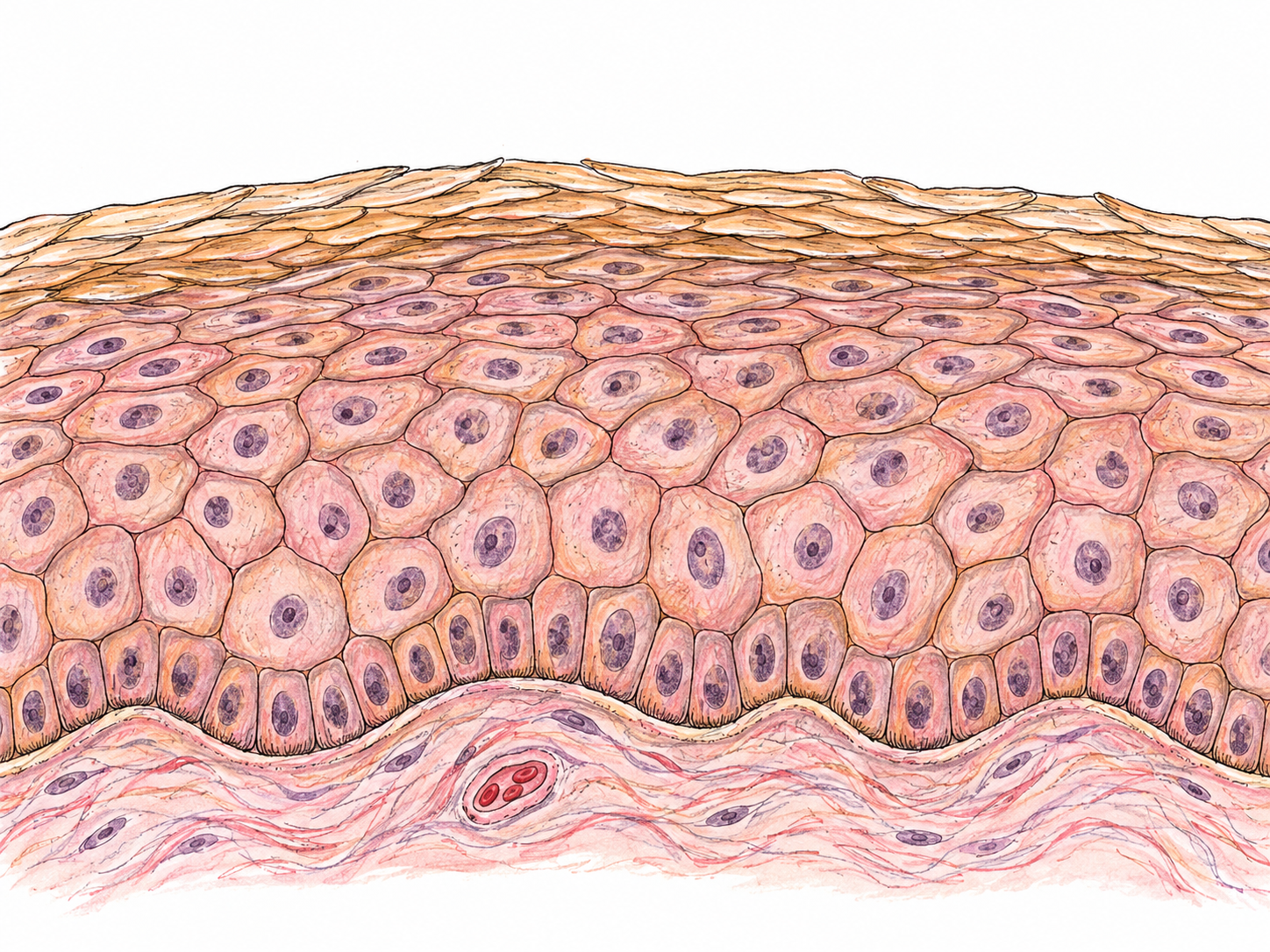 A tightly cropped microscopic side section of skin, dominated by the epidermis itself: stacked living cells beneath a fine surface of flattened cells, with only a narrow supporting strip of dermis below.