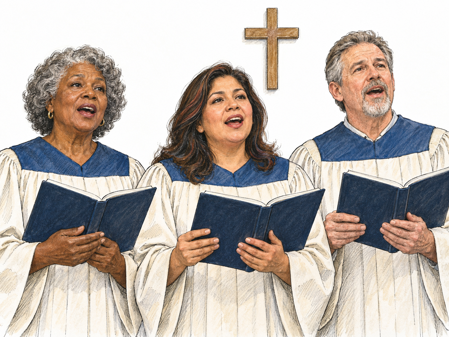 A small church choir sings together from open hymnals beneath a simple cross, making sacred communal singing—not a secular concert—the focus.