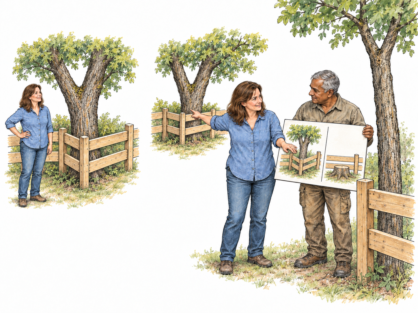 An established decision to preserve a tree by routing a fence around it guides the choice at a second tree.