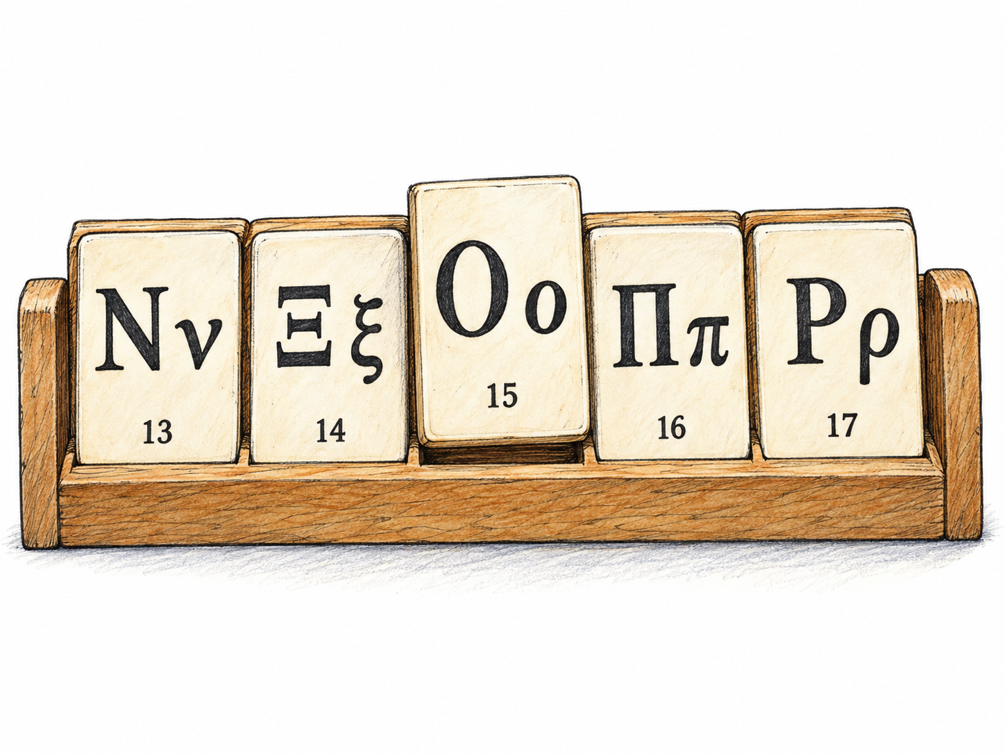 A compact Greek-alphabet teaching rack with five consecutive letter tiles, numbered 13–17.