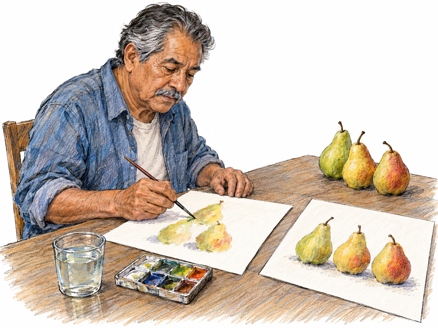 An older man begins a painting anew: he paints a fresh arrangement of three pears on clean paper, while his earlier, differently arranged painting of the same pears lies beside it.