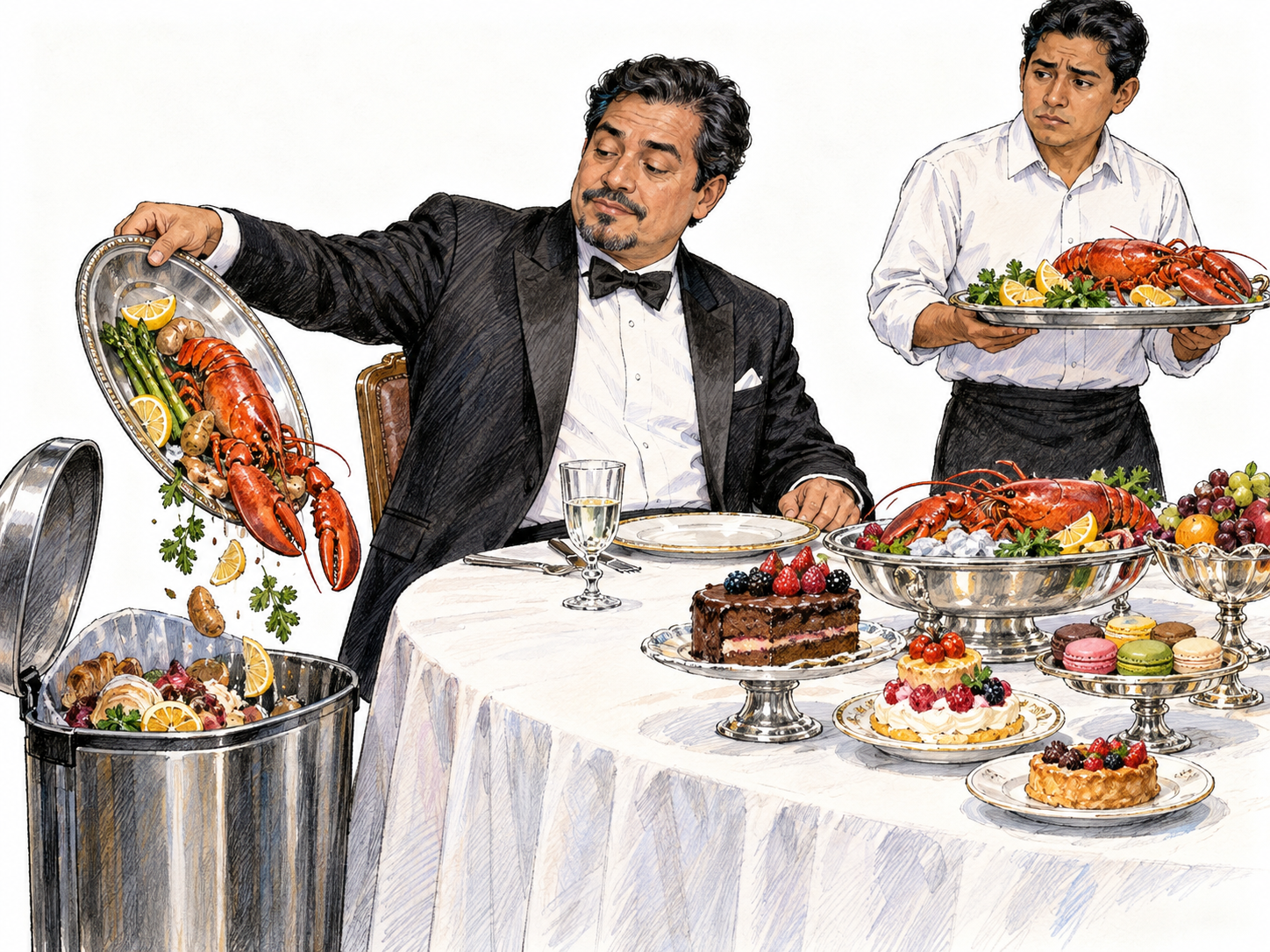 At an extravagant private meal, a lavishly dressed diner casually tips an almost untouched lobster platter into a bin while a server brings another elaborate platter.