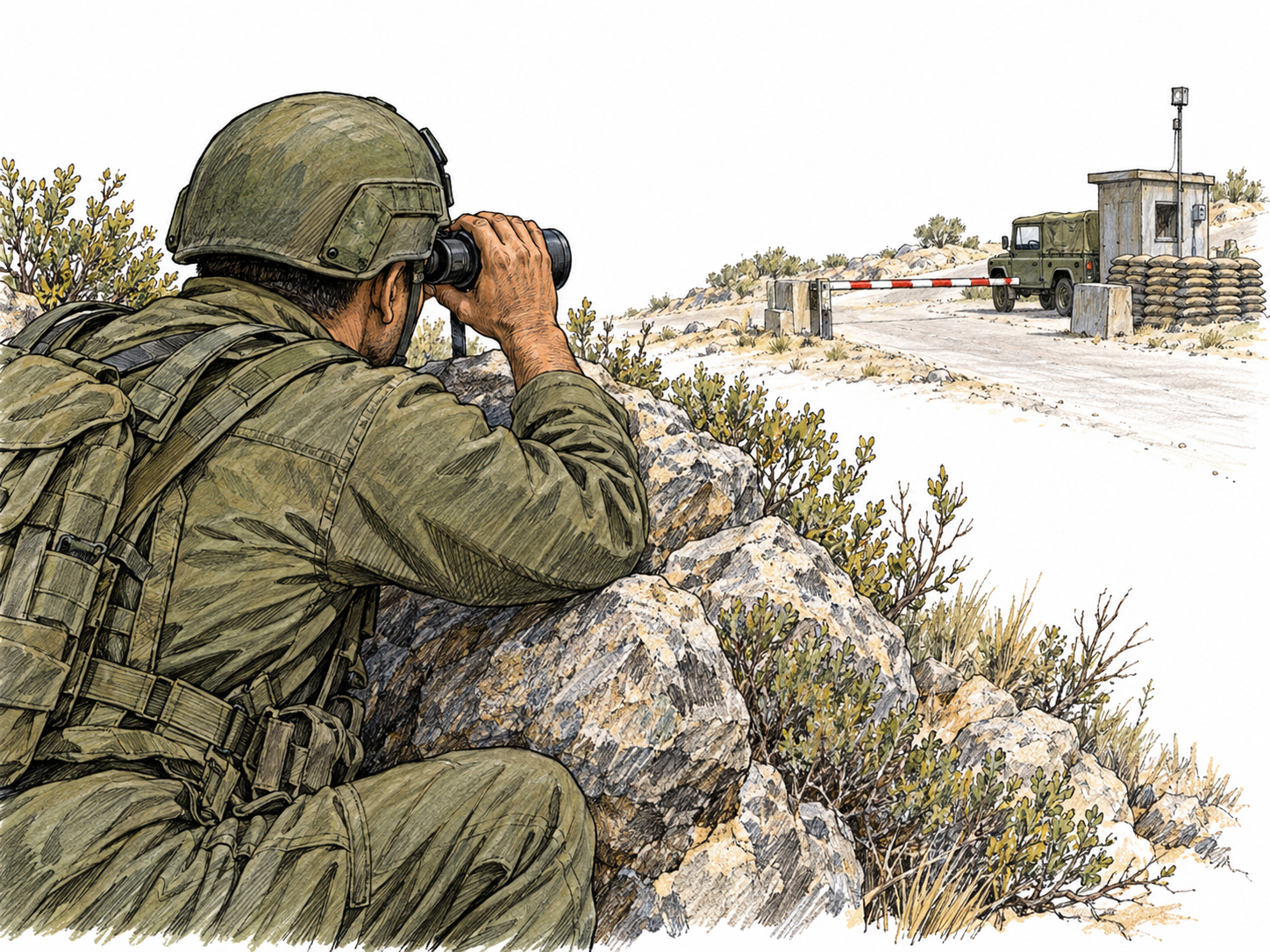 In a contemporary, geographically unspecified military setting, a concealed scout surveys a distant military checkpoint through binoculars, emphasizing observation from cover rather than combat.