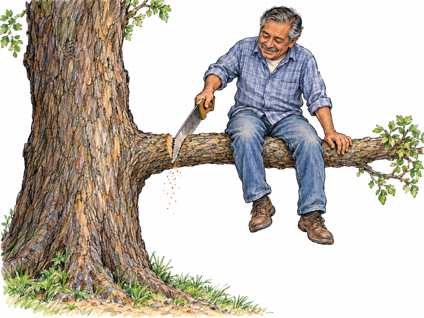 A man foolishly saws through the very branch supporting him, sitting on the outer end with the cut between himself and the trunk.