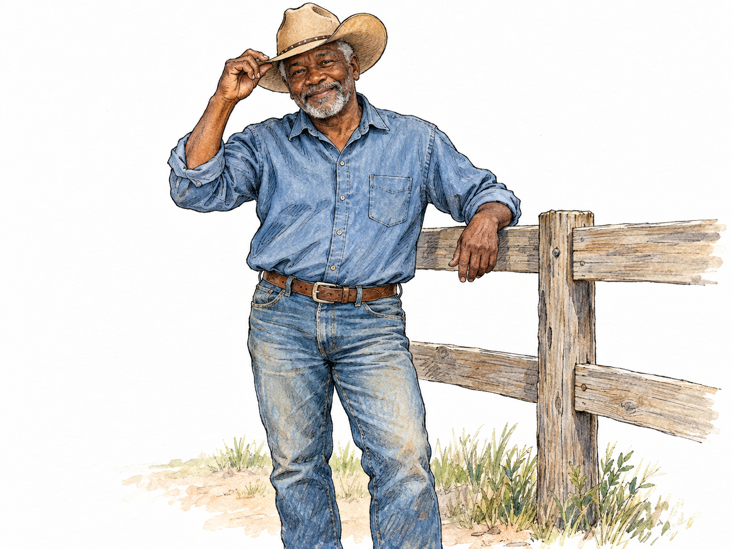 A single older man in practical Western ranch clothing stands casually beside a simple fence, giving a friendly hat-tip.