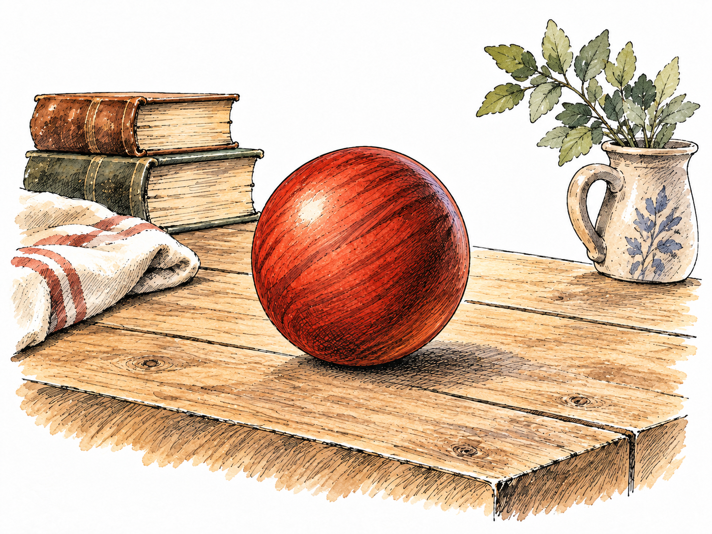 One smooth red wooden sphere on tabletop, clear curved contour and curved hatched shading with small contact shadow, not a circle or flattened disk.