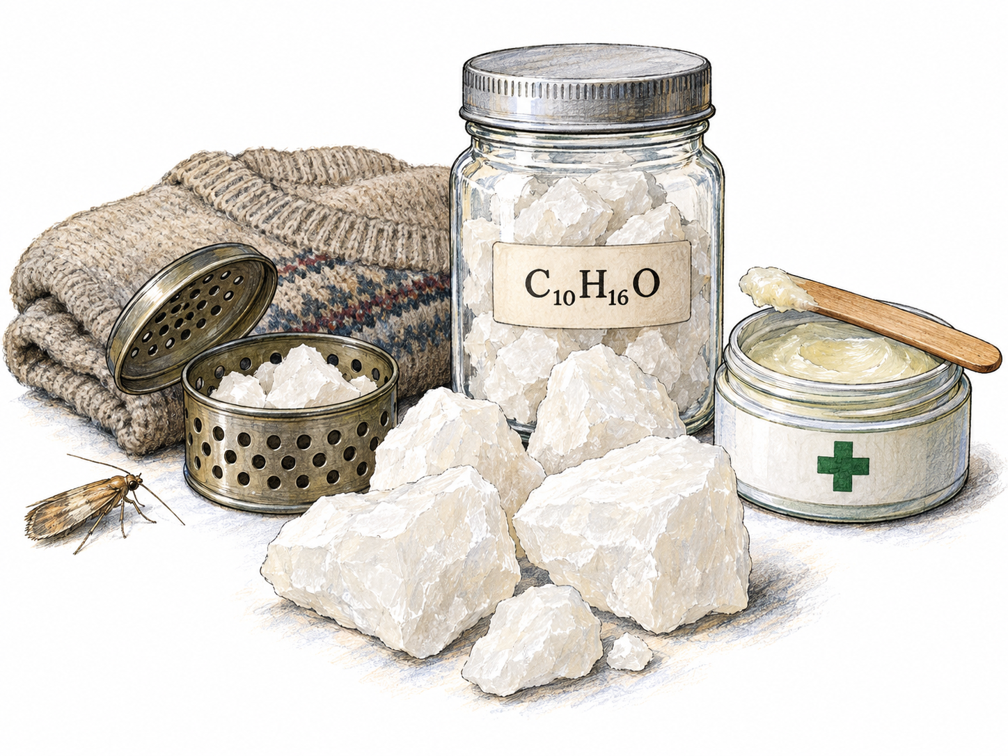 A close-up still life of opaque white, waxy camphor pieces, linked visually to a vented moth-repellent container beside folded wool and an open jar of medicinal rub.
