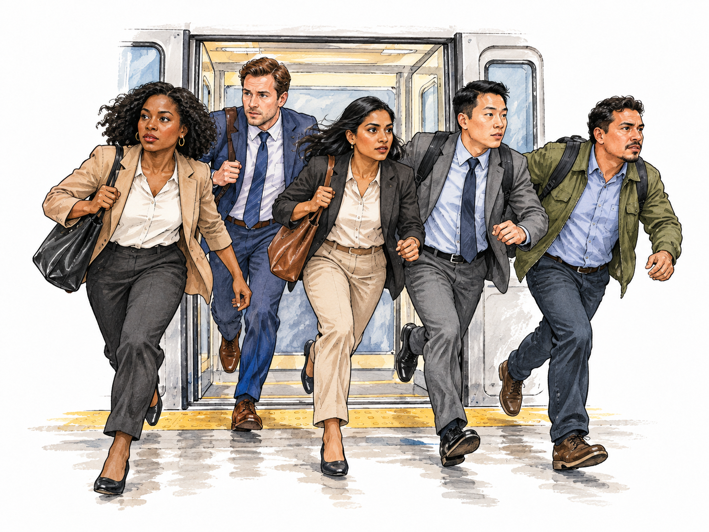 A sudden crowd of commuters surges through newly opened station doors, forward movement and urgency obvious, no falling people or signs.