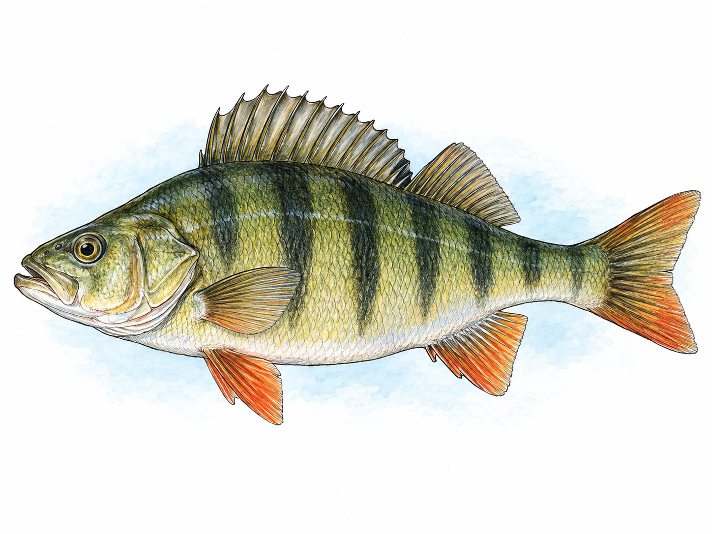 One living perch swimming in side profile, with a recognizable gill cover, overlapping scales, and clearly separated fins.
