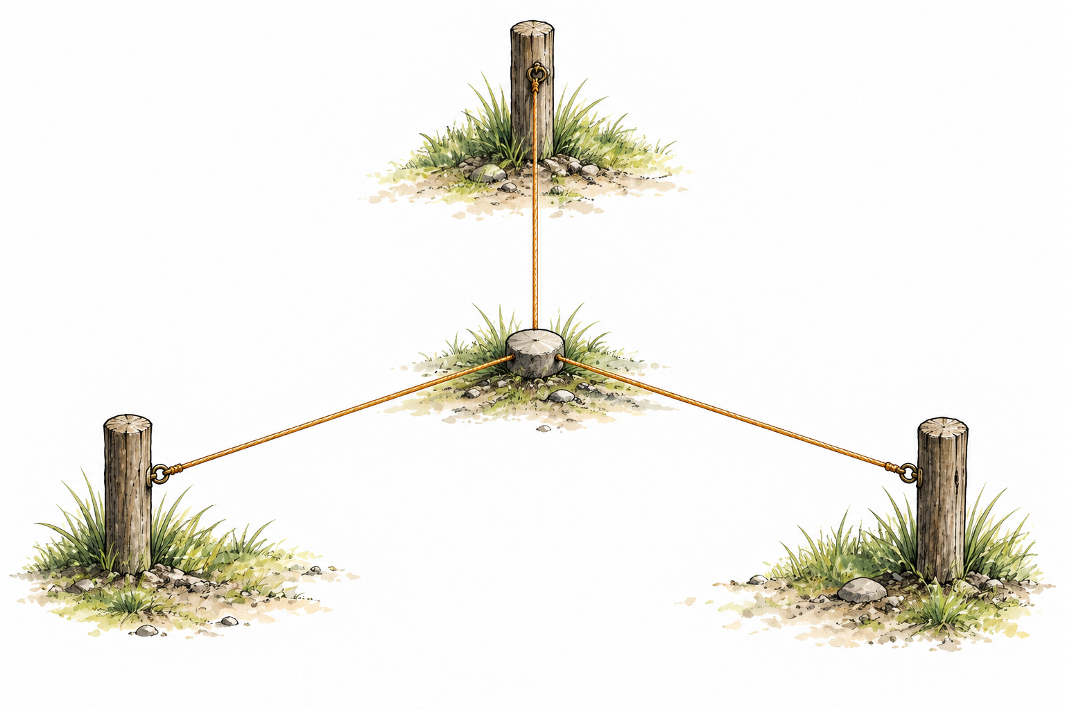 Three posts forming a triangle, central point with three exactly equal straight lines reaching posts; simple equal distance geometry.