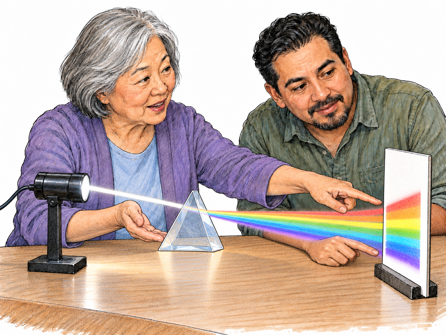 An older educator instructs an adult learner through a hands-on optics demonstration, pointing out how a glass prism separates white light into a spectrum while he closely examines the result.