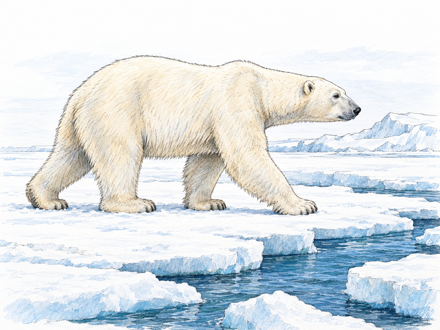 A polar bear walking across broken sea ice beside cold blue open water, making the northern polar setting recognizable without people or text.