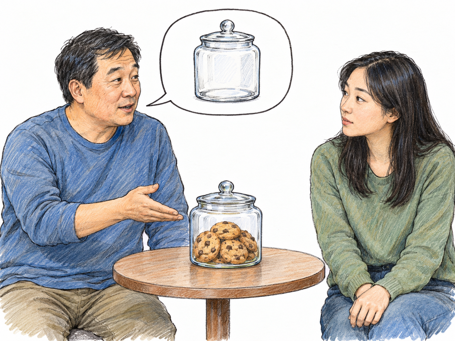 A man makes a false claim that a cookie jar is empty: his pictorial speech bubble shows the empty jar, while the actual transparent jar beside him visibly contains cookies.