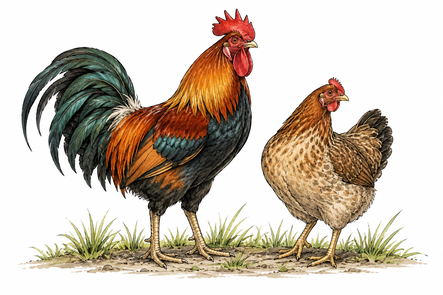 Natural adult rooster with red comb wattles and tail feathers standing beside a hen for biological male contrast, realistic anatomy.