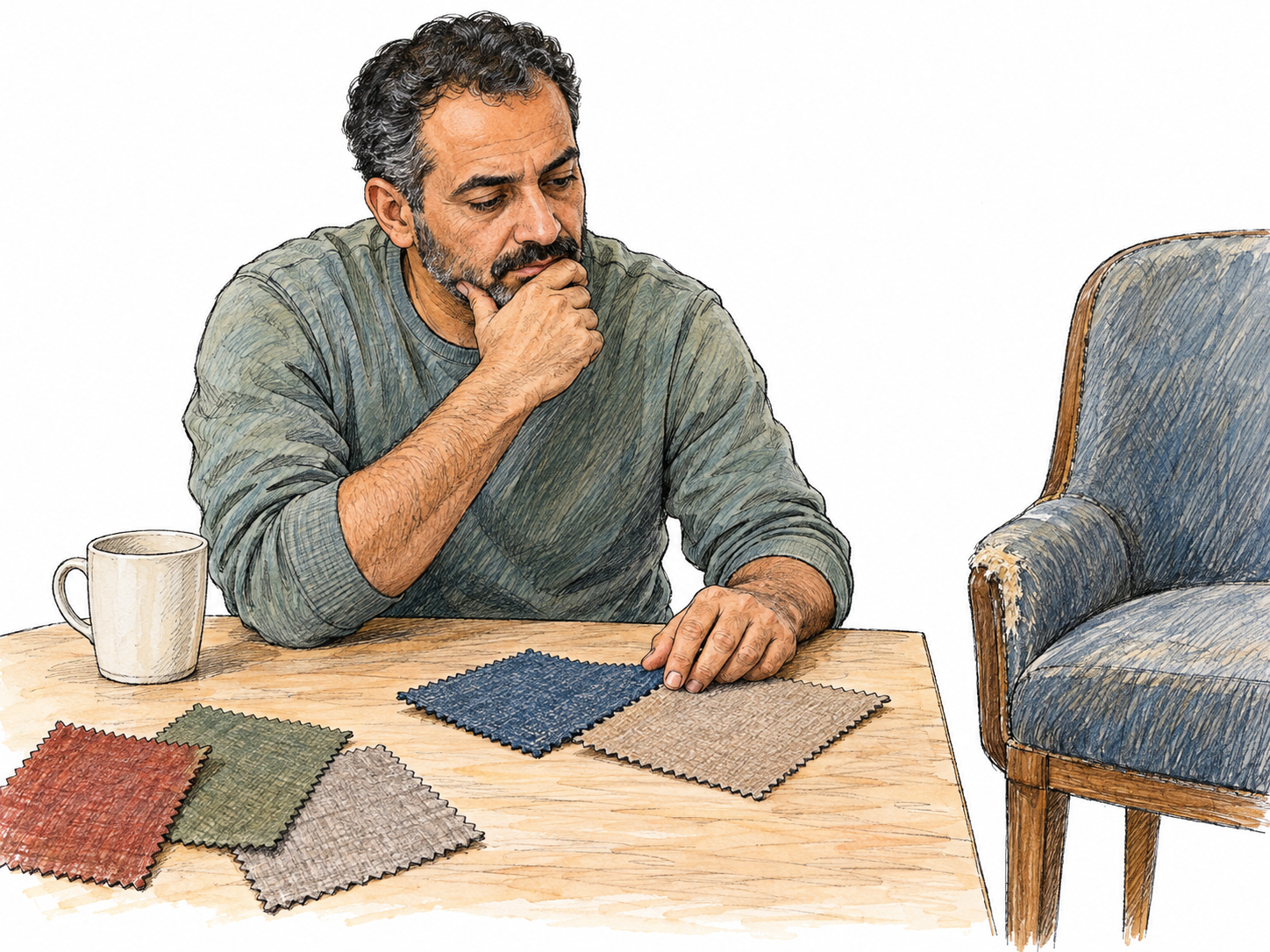 A middle-aged man sits quietly at a small table, carefully reconsidering two unmarked fabric swatches for a chair repair.