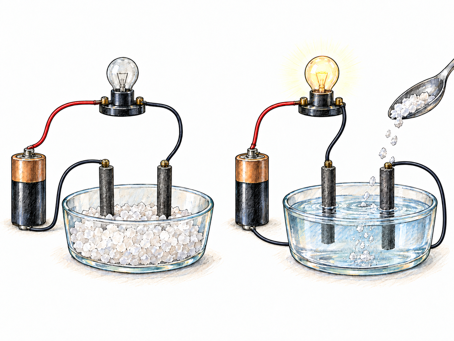 A paired conductivity experiment contrasts dry salt crystals, which leave a bulb dark, with salt dissolved in water, which completes the circuit and lights an identical bulb.