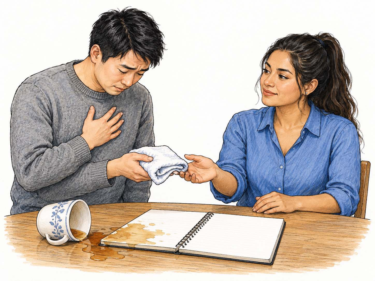 Man expresses apology after spilling tea onto friend's blank notebook: hand to chest, lowered contrite face, other hand offers clean cloth; recipient accepts calmly, no speech bubbles.