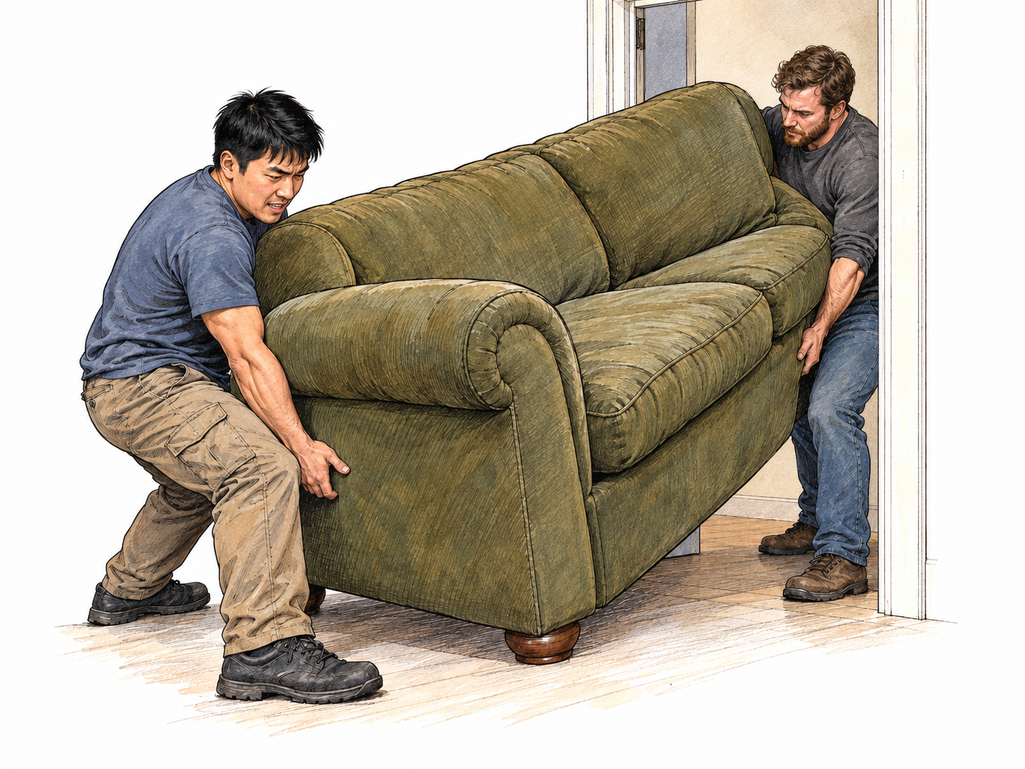 An enormous, bulky old sofa jams diagonally in a narrow doorway while two movers struggle to maneuver its heavy, awkward frame.