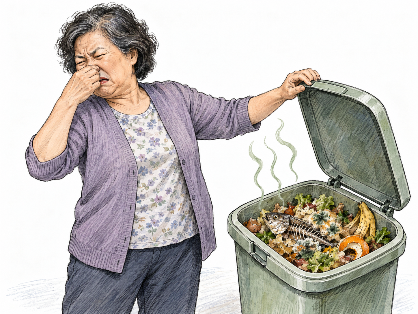 An older woman recoils from an open kitchen food-waste bin, firmly pinching her nose.