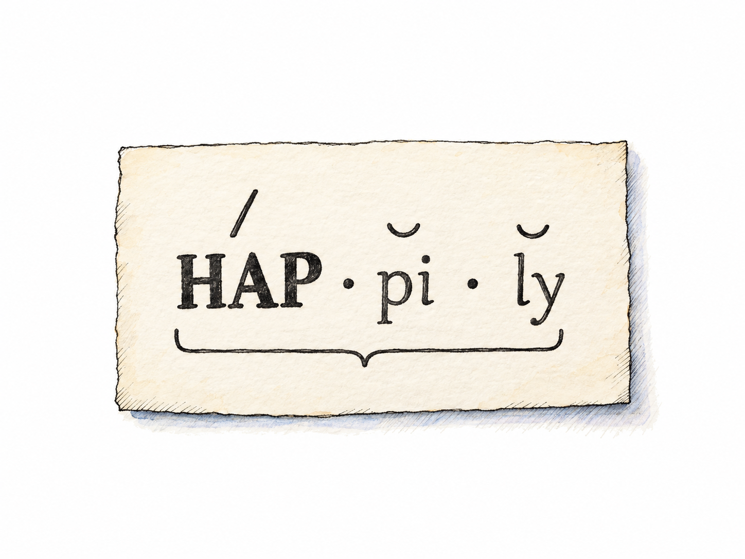 A compact scansion example showing the spoken word “happily” divided into three syllables: one strongly emphasized syllable followed by two lighter syllables.