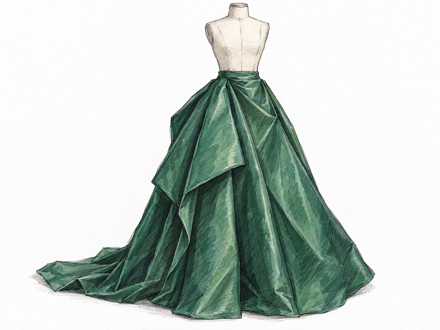 A length of muted emerald taffeta draped over a plain dressmaker’s form as an unfinished formal skirt, with crisp standing folds and a broad smooth panel showing the fabric’s restrained sheen.