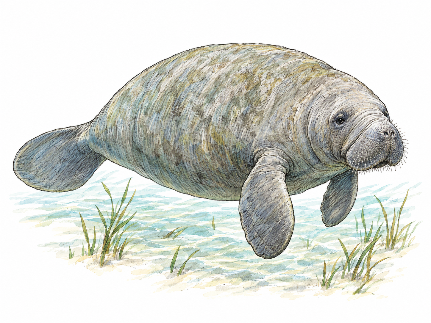 A single manatee glides slowly through shallow water, shown in three-quarter side view with its rounded body, paddlelike foreflippers and broad rounded tail clearly visible.