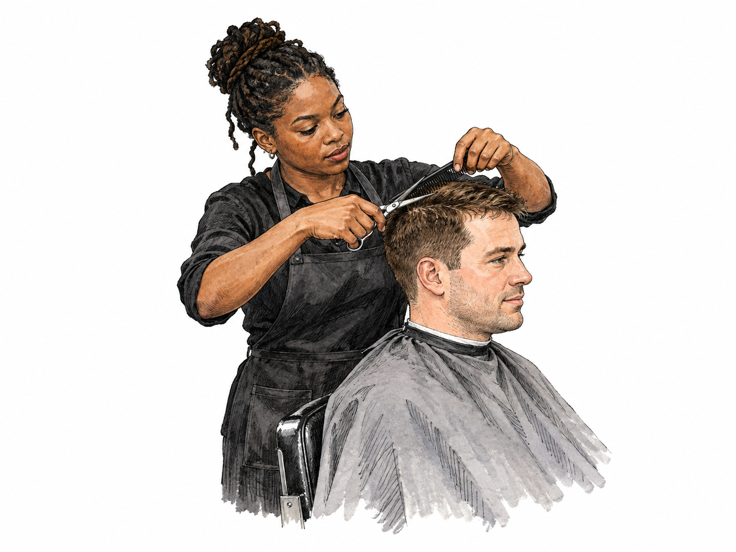 A barber carefully trims an adult client's short hair using scissors and comb.