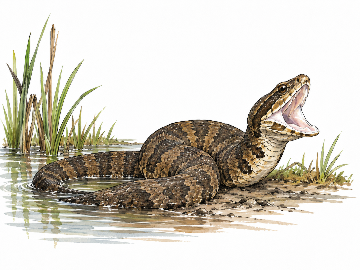 A realistic cottonmouth water snake rests beside a southern wetland, thick body and open mouth showing pale interior, no attack.