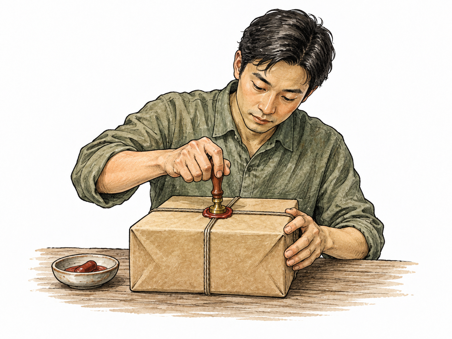 A person seals a plain completed parcel by pressing the final wax seal onto the tightly tied cord, closed box firmly shut.