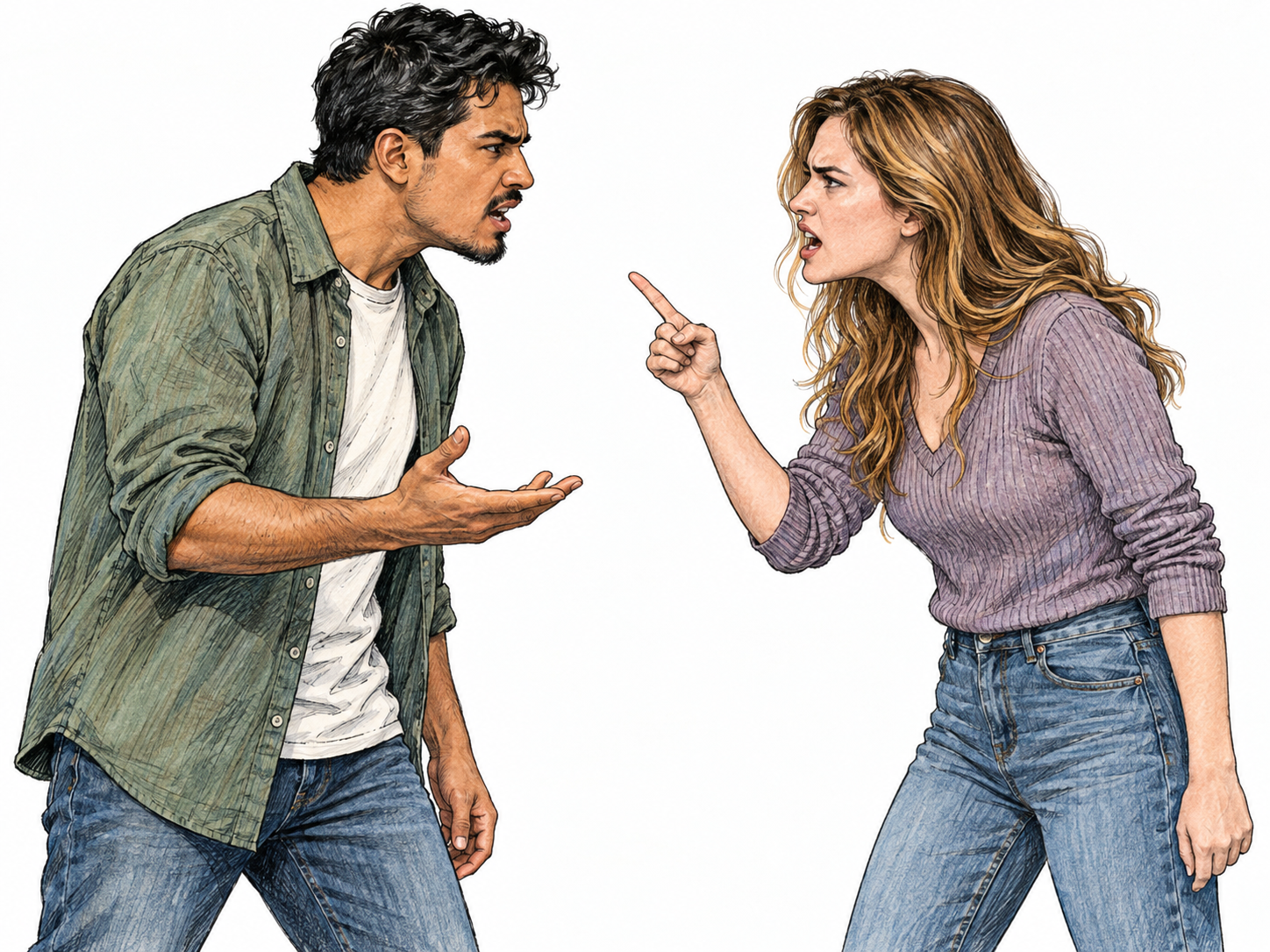 Two young adults face each other in a heated quarrel, both visibly speaking angrily and making opposing emphatic gestures, without physical contact.