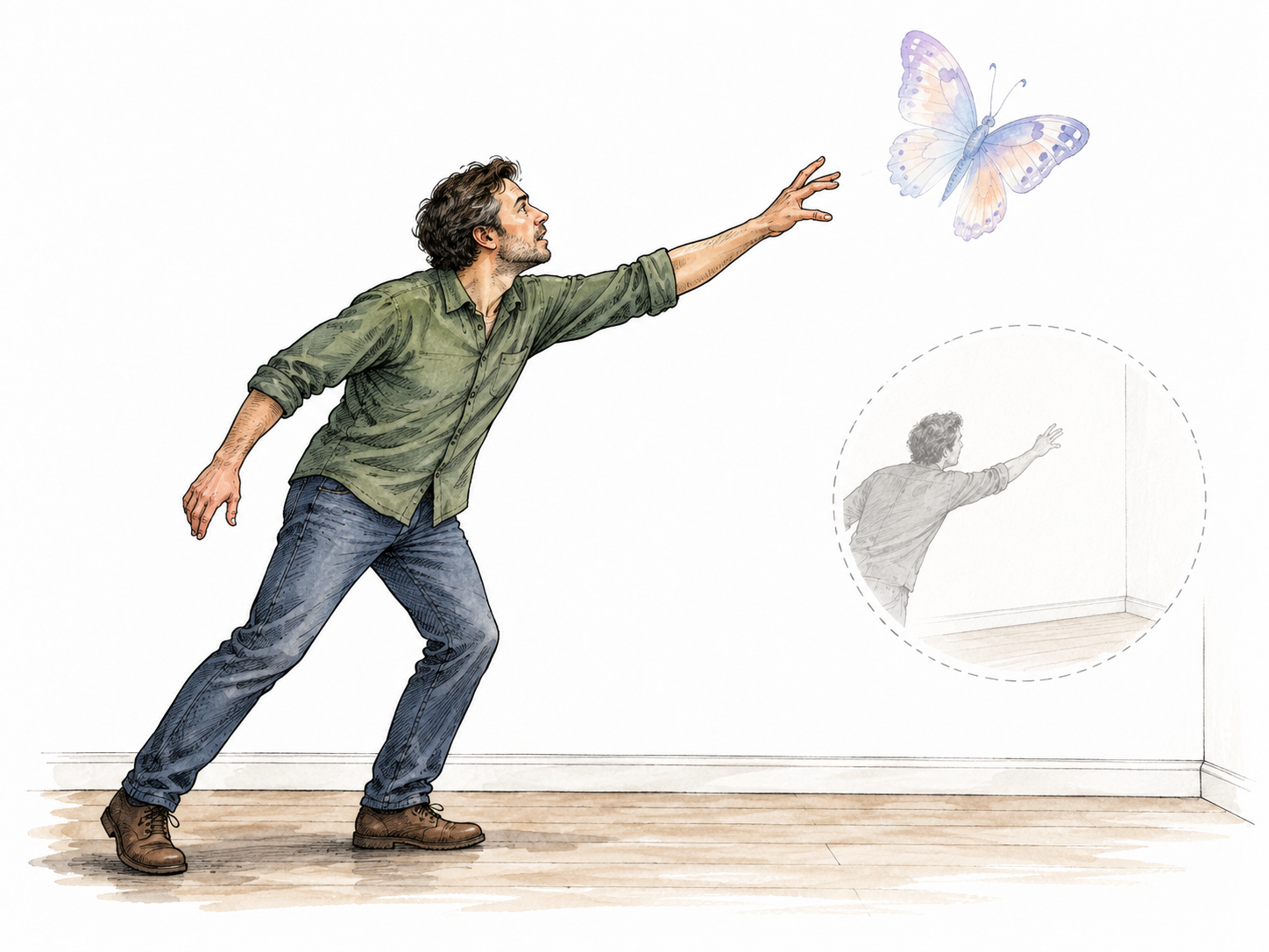 A fully clothed adult reaches toward a translucent imagined butterfly in an otherwise empty room; faint duplicate inset reveals empty space.