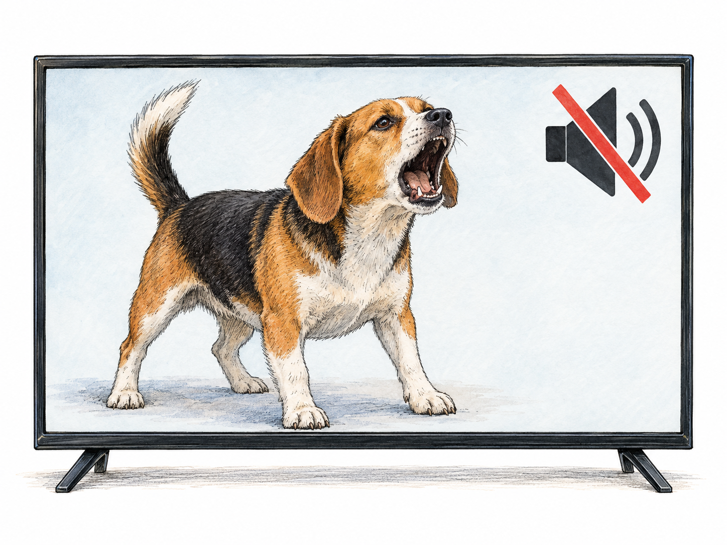 A television is temporarily without sound: its screen shows a barking dog and a prominent crossed-out speaker icon.