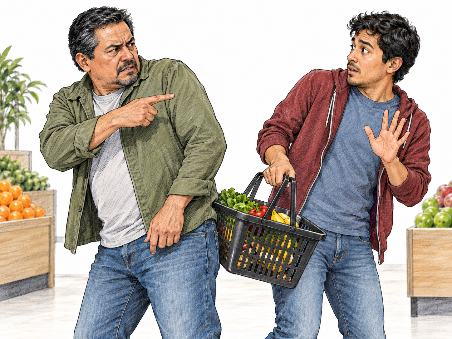 A prickly customer reacts argumentatively to a minor accidental bump: he turns sharply with a scowl and an accusatory finger while the other man steps back with an apologetic open palm.