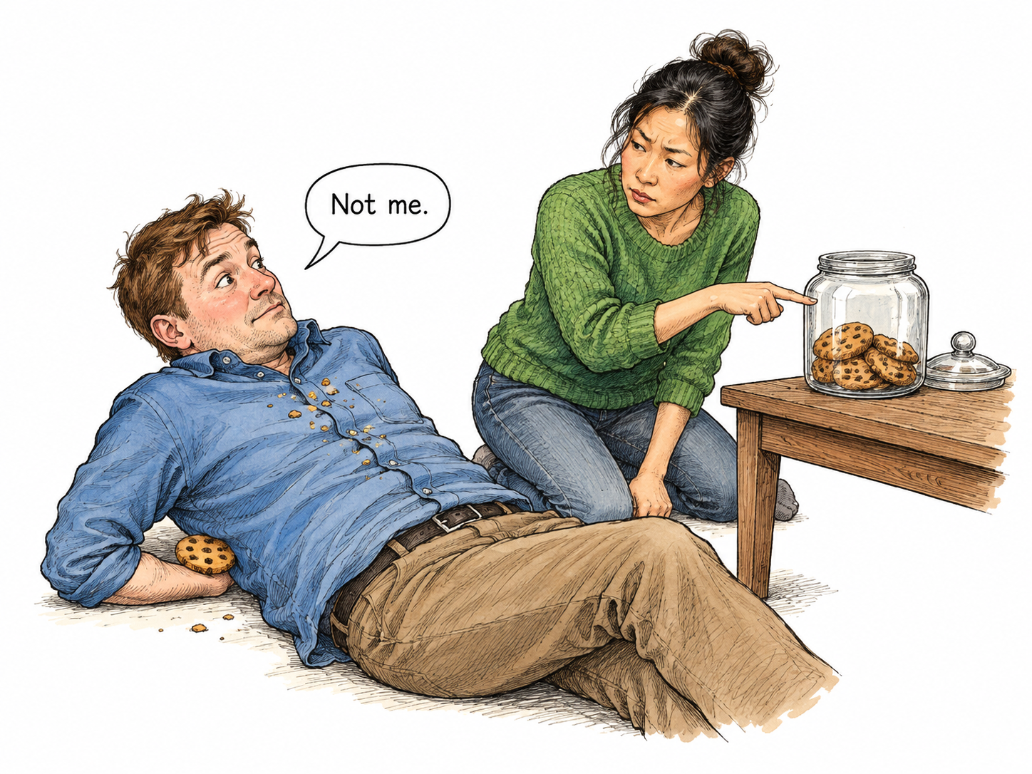 A man denies taking a cookie with one functional speech bubble saying “Not me.” while crumbs on his shirt and a cookie concealed behind his back contradict him; an adult friend points at the open cookie jar.