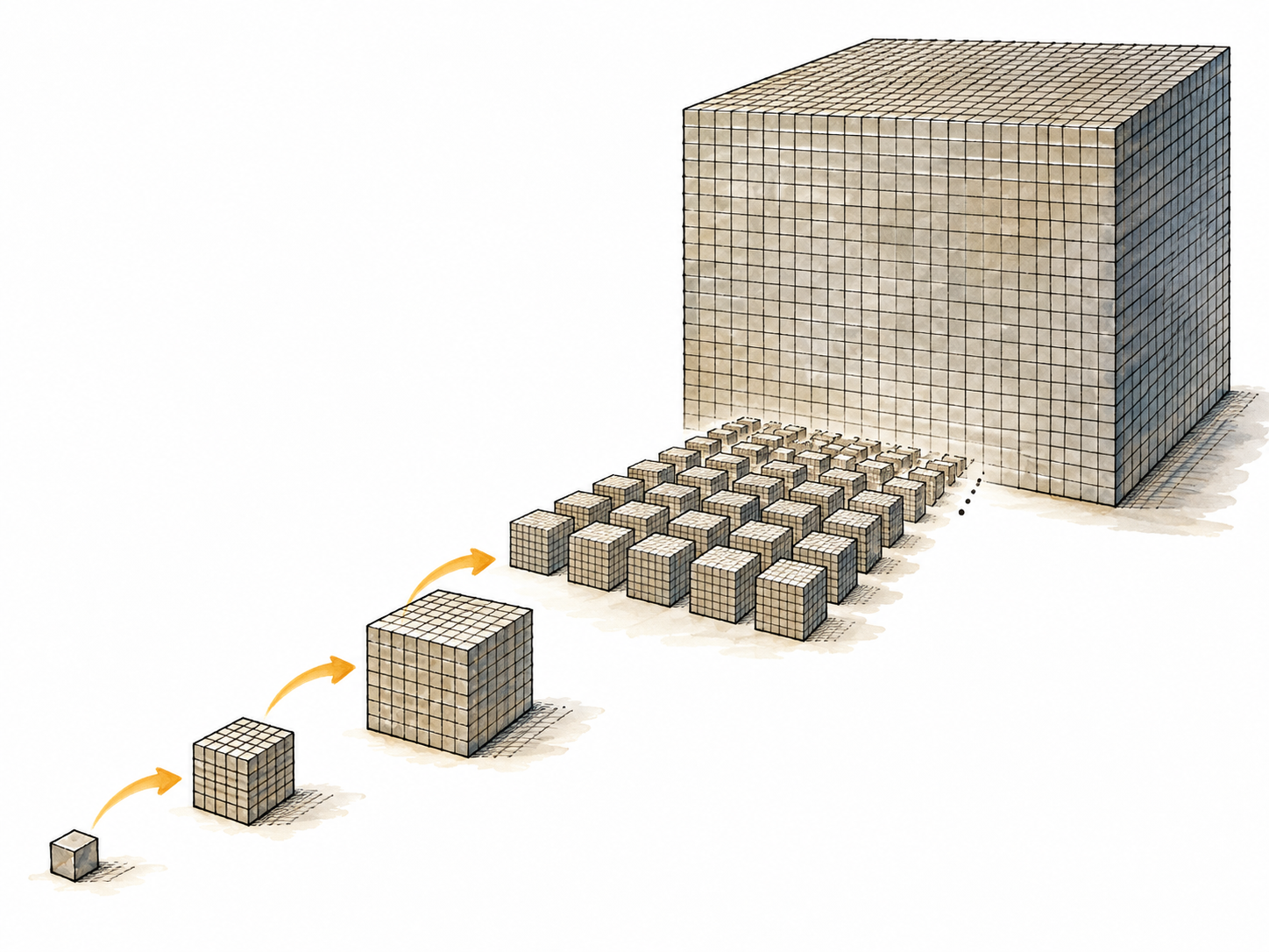 A nested educational array of cube groups recedes into a vast structured cube, symbolic thousand-by-thousand quantity, no text.