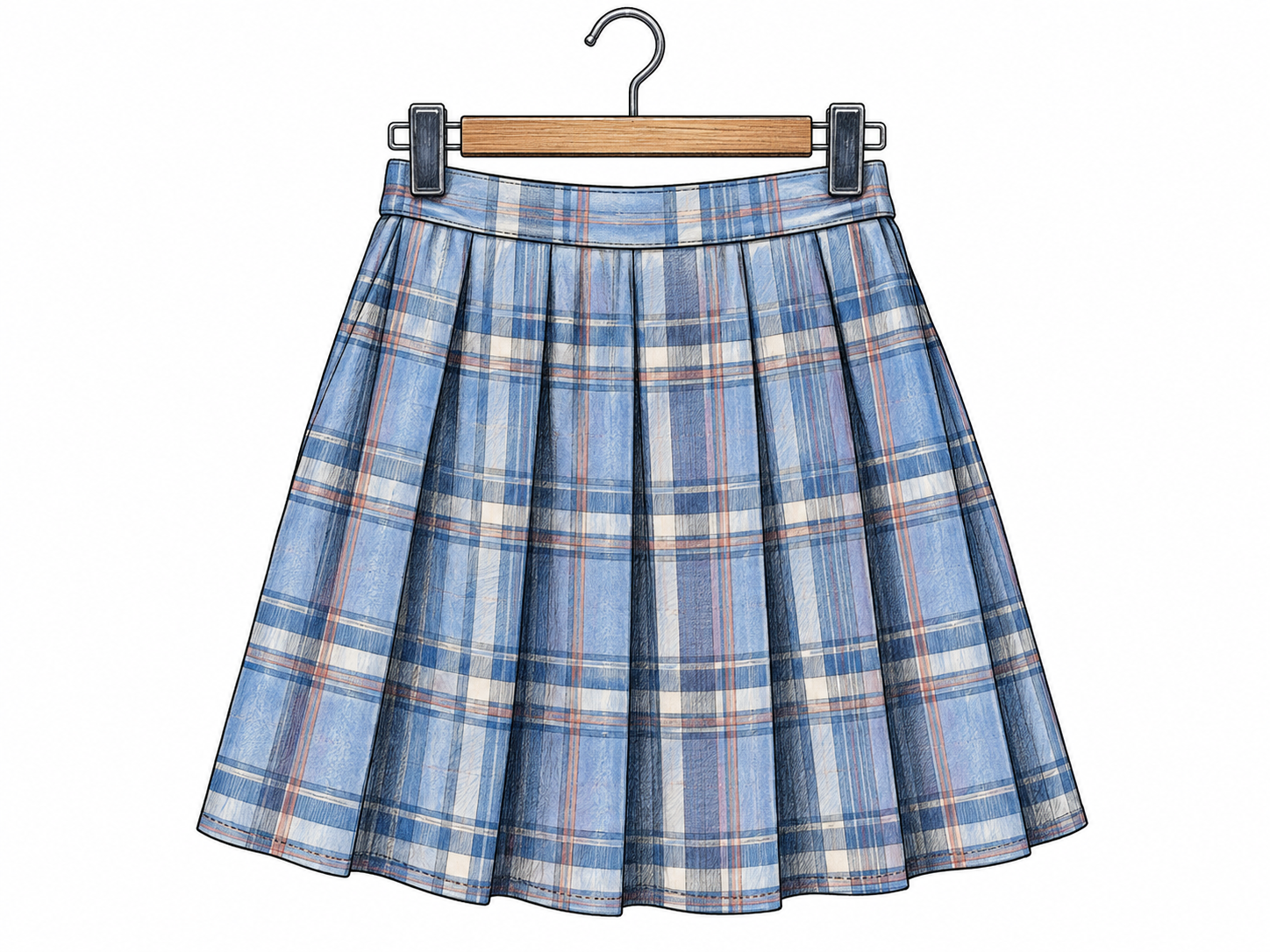 A knee-length pleated skirt hangs from a plain waist clip hanger; no person, no sexualized framing.