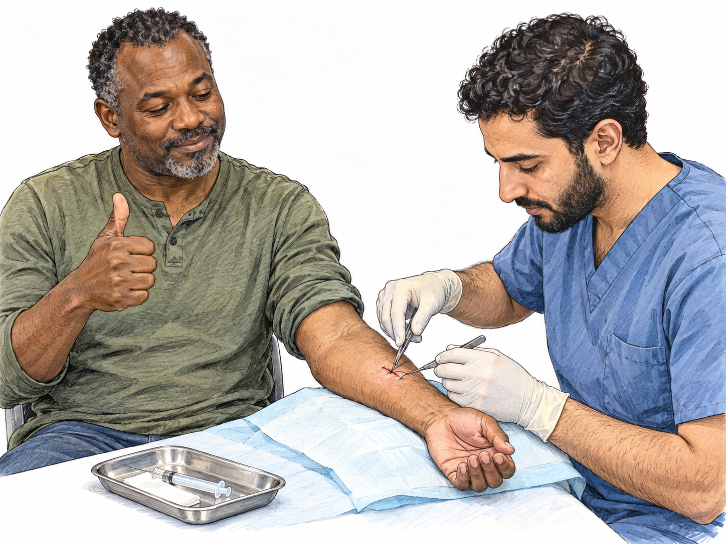 An awake, relaxed patient watches a clinician place a stitch in a small forearm wound under local anesthesia, giving a comfortable thumbs-up with his free hand.