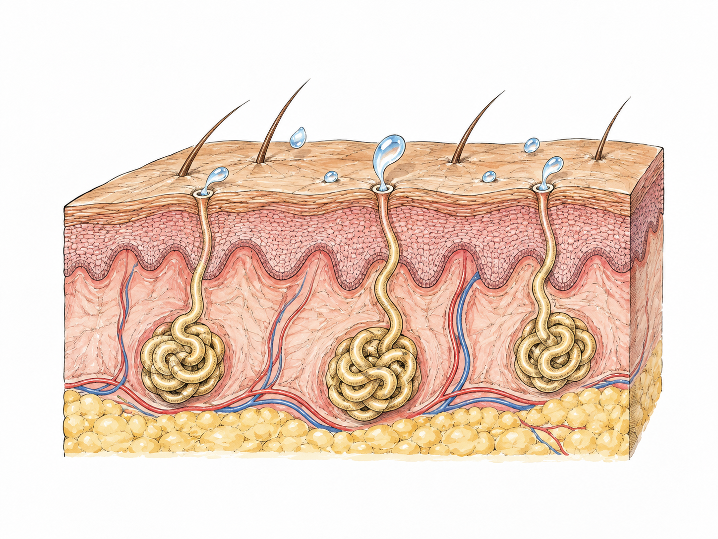 A non-graphic cutaway skin diagram shows sweat glands releasing tiny sweat droplets onto skin surface, precise educational illustration.